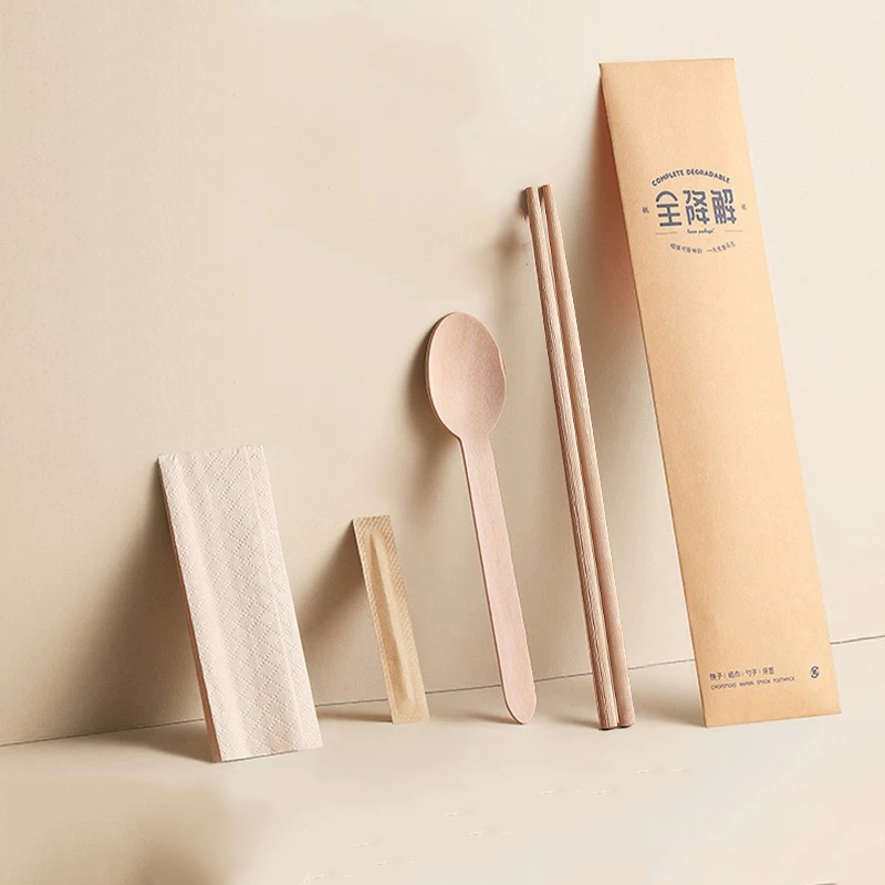 Baguettes jetables en bambou, ensemble de 4 pièces avec cuillère biodégradable, couverts de table, ensemble de films en papier dégradables