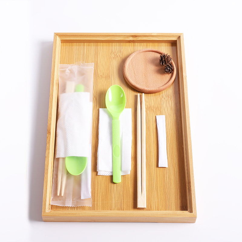 Ensemble de baguettes jetables en bambou, avec cuillère verte, serviette, ensemble de films composites givrés