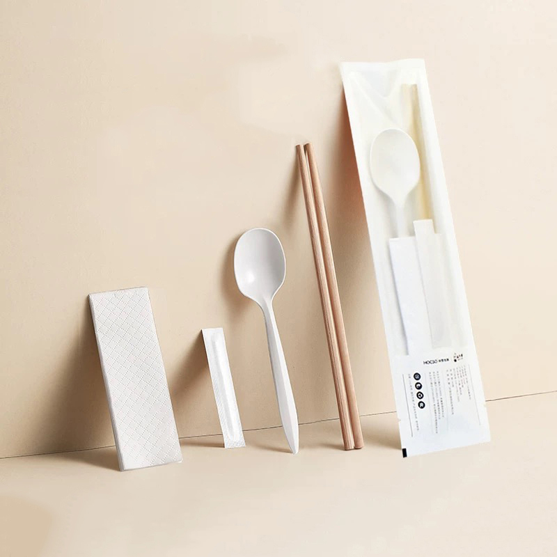Baguettes jetables en bambou, ensemble de 4 pièces, couverts personnalisés, ensemble de films en papier dégradables
